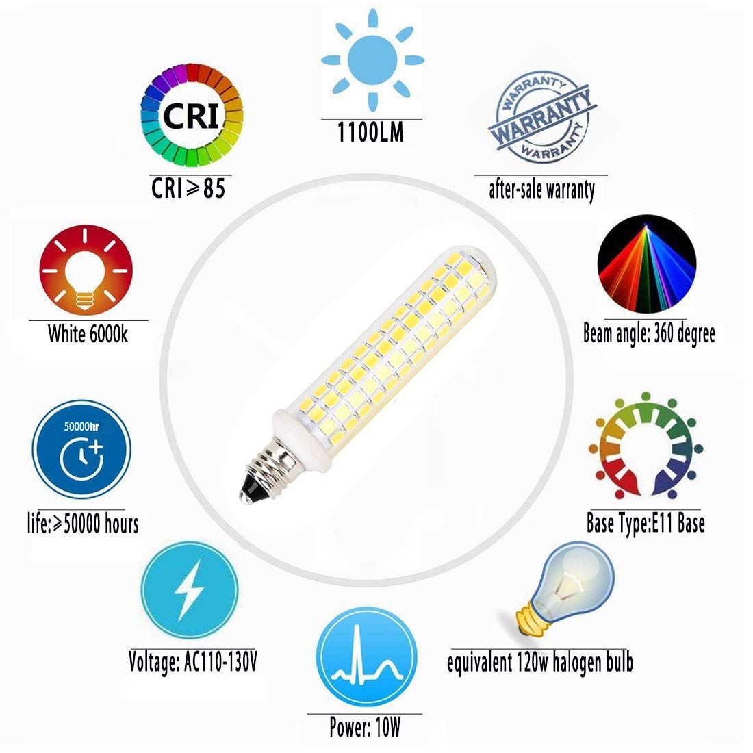 QHD E11 LED Bulb - 100W Equivalent, 10W 1100lm, Mini Candelabra Base, White 6000K, Pack of 2