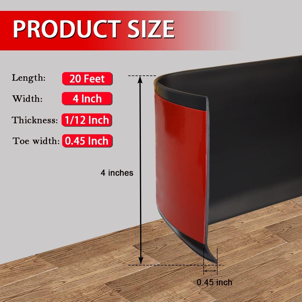 Vinyl Wall Base Baseboard Molding Trim 4" Flexible Self Adhesive Rubber Wall Base Moulding Trim Peel and Stick Design, 4 Inch x 20 Feet, Black