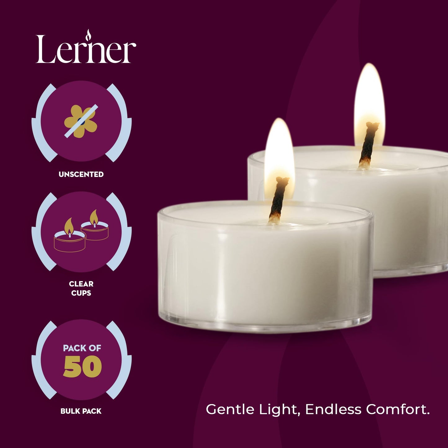 Lerner Tealight Candles In Clear Cups 100 Count| 6 Hours Long-Burning White Tea Light Candles| Non-Toxic Smokeless & Soot-Free Tea Light Warmer Candles | Unscented Party D?Or Shabbat Tea Candles