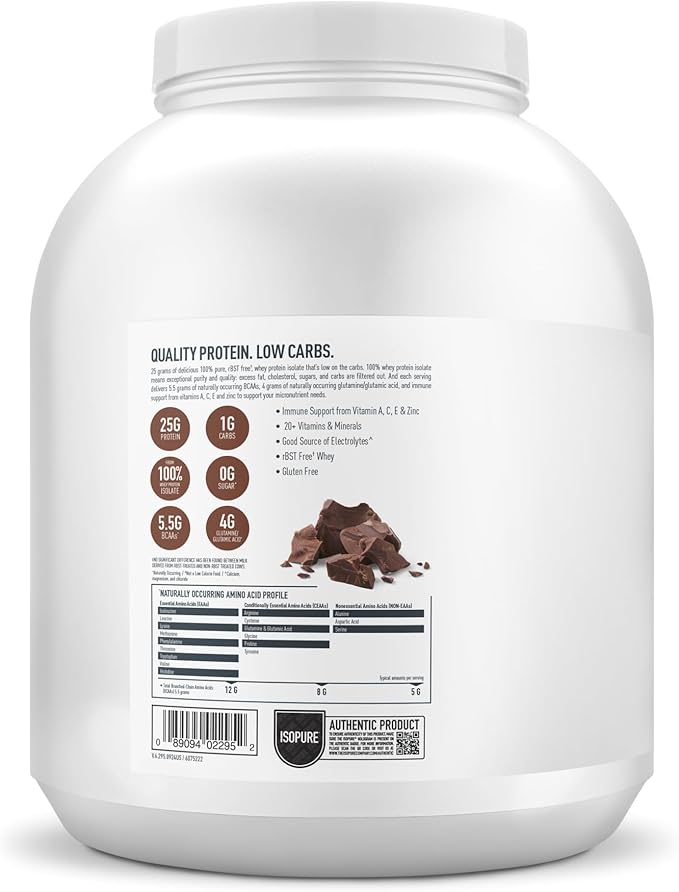 Isopure Low Carb 100% Pure Whey Isolate Protein Powder, Lactose Free, Gluten Free, With Vitamins, Dutch Chocolate, 25g Protein Per Serving, 4.5 Lbs, 62 Servings (Packaging May Vary)