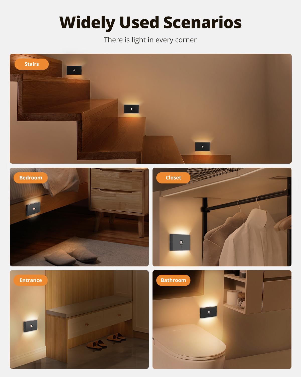 Wowatt 6 Packs Rechargeable Motion Sensor Stair Light Black (Magnetic Mounting Design)(Sensor Modes Available)(Lighting Dimmable) Battery Night Lights For Stairway Hallway Bathroom