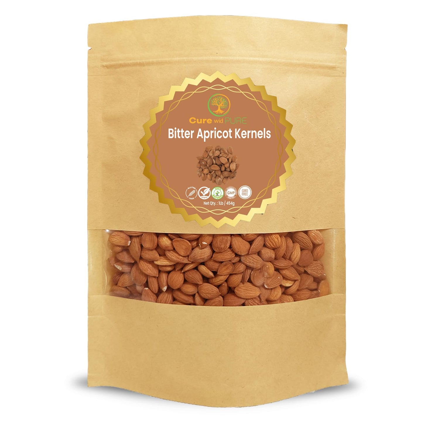 Cure wid Pure Certified Organic Apricot Seeds 1lb -Freshly Packed Gluten Free Raw Non-GMO Organic Bitter Apricot Kernels - Rich in - Eco-Friendly Resealable Pack Max 3 Kernels Per Day