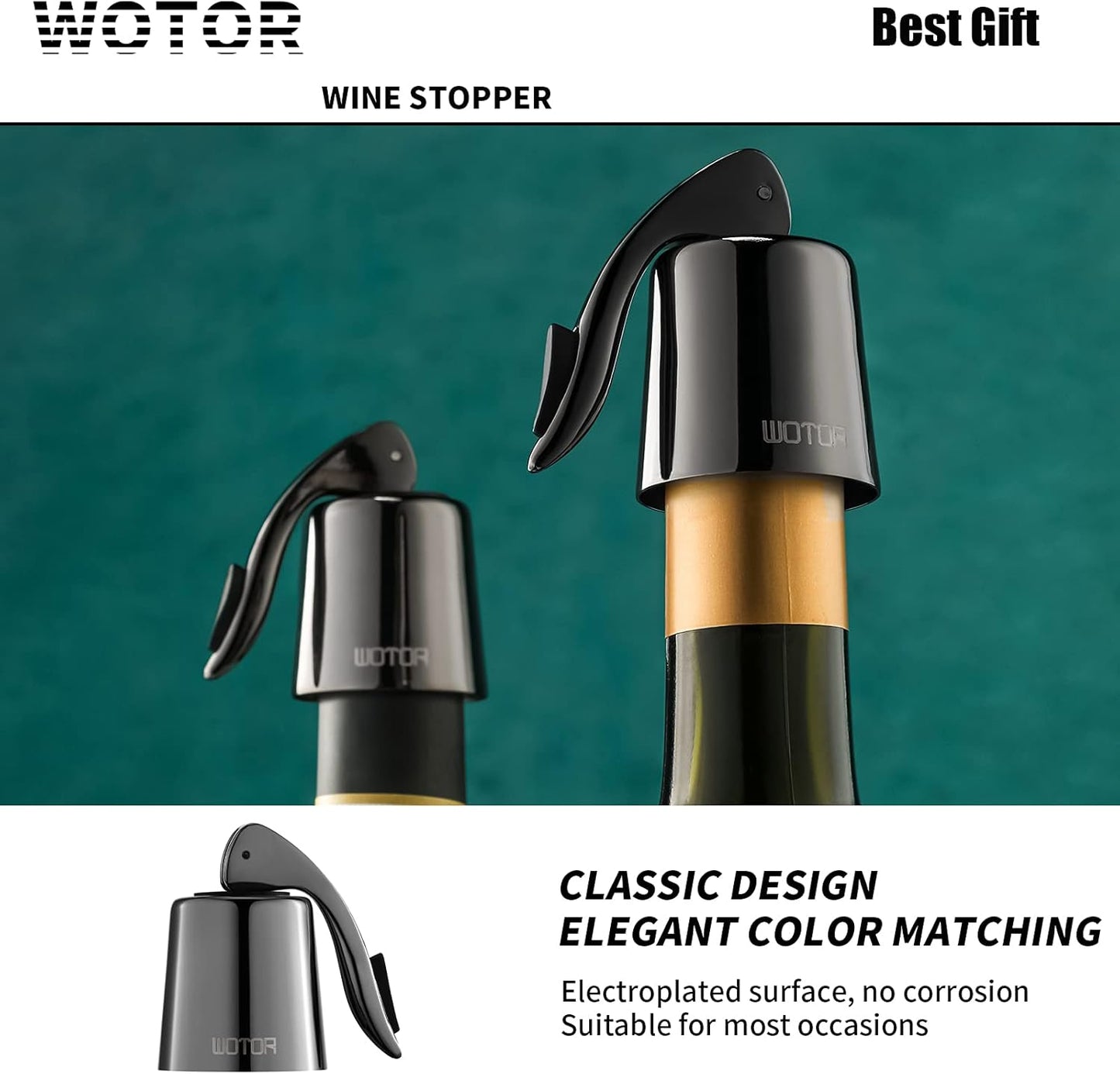 WOTOR Stainless Steel Wine Bottle Stoppers with Silicone - Reusable Wine Saver and Decorative Bottle Sealer, Leakproof, Keep Fresh, Metalblack, 2 Pack