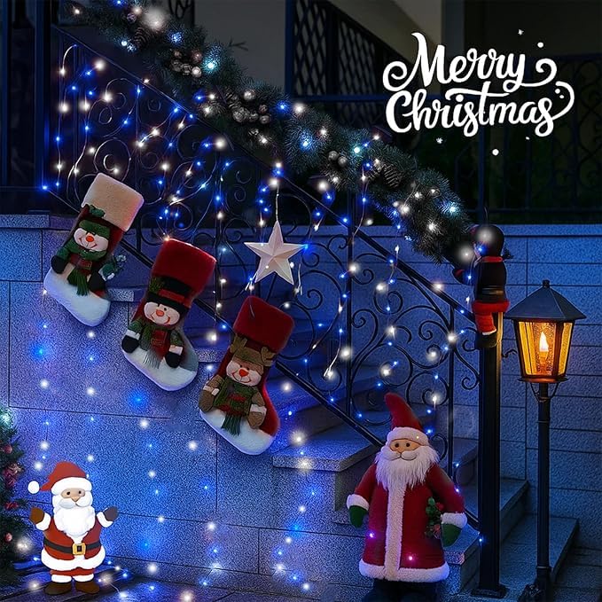 4 Pack 180Ft Solar Christmas Lights Outdoor Waterproof Super Bright 320 Led Solar String Lights With 8 Lighting Modes Green Wire Twinkle Tree Light For Outside Xmas Party Decorations(Blue And White)