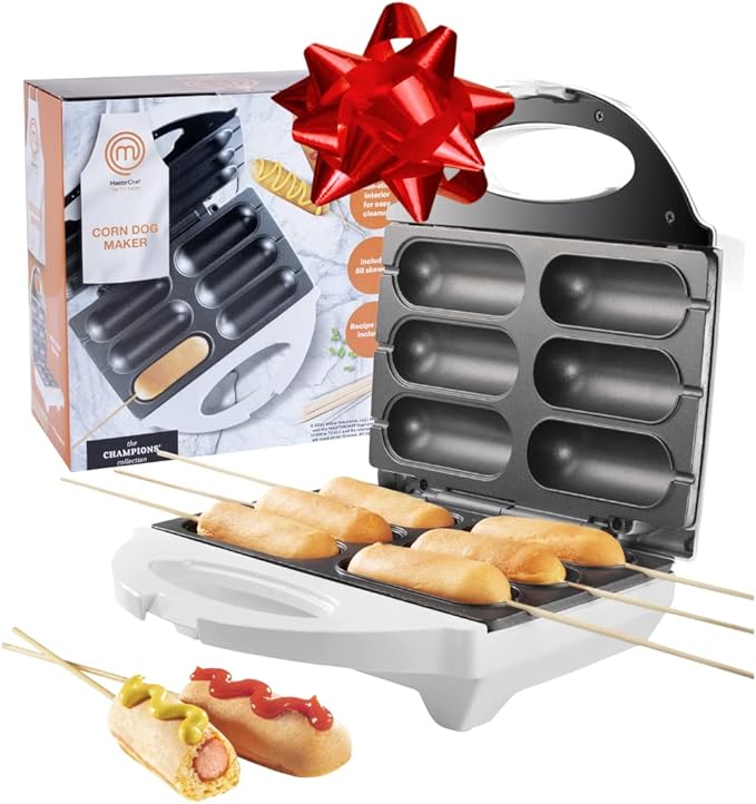 MasterChef Corn Dog Maker w 50 Skewers- Electric Nonstick Kitchen Baker & Recipe Guide- Fryer Machine Makes Hot Dogs, Cheese Mozzarella Sticks, Cake Pops, BBQ, Mini Carnival Food, Fun Christmas Gift