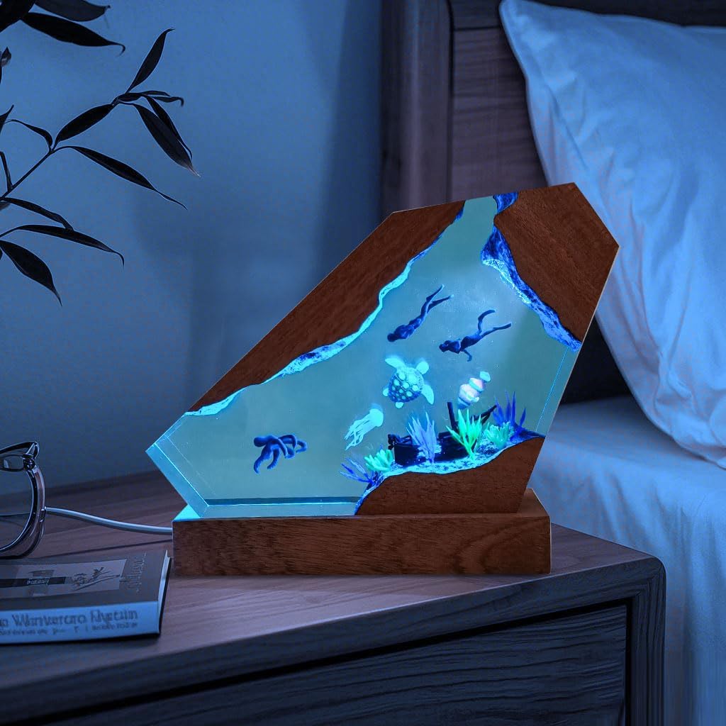 Nice Hera Octopus Ocean Resin Lamp Handmade Wooden Table Resin Night Light Usb Port Art Ornaments For Home Office Decor Scuba Diver Gifts For Birthday Holiday ValentineS Day Gifts For Husband