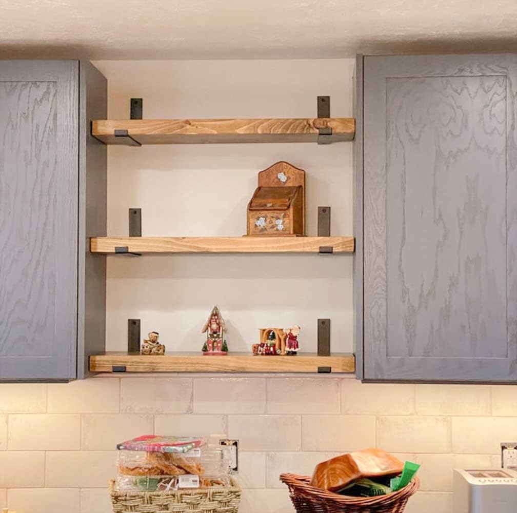 Rustic Shelves with J-Brackets Set of 2, Industrial Shelf, Kitchen Shelves, Solid Wood, Decorative Wall Storage, Heavy Duty, URBANDI (Brown, 24Wx6D)