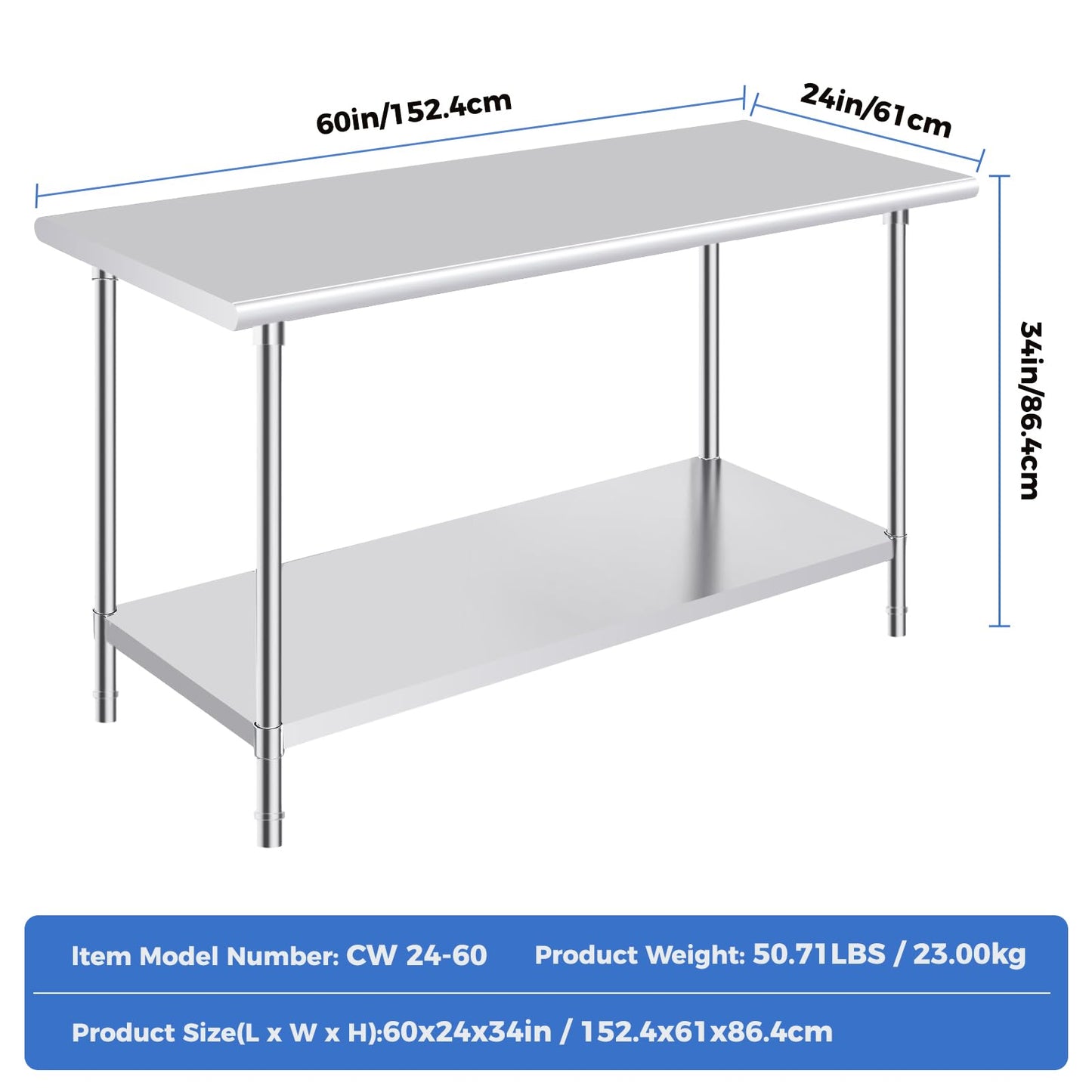 OSTBA Stainless Steel Table for Prep & Work 24x60 Inches, NSF Metal Commercial Heavy Duty Table with Adjustable Undershelf and Adjustable Foot for Restaurant Kitchen Home and Hotel