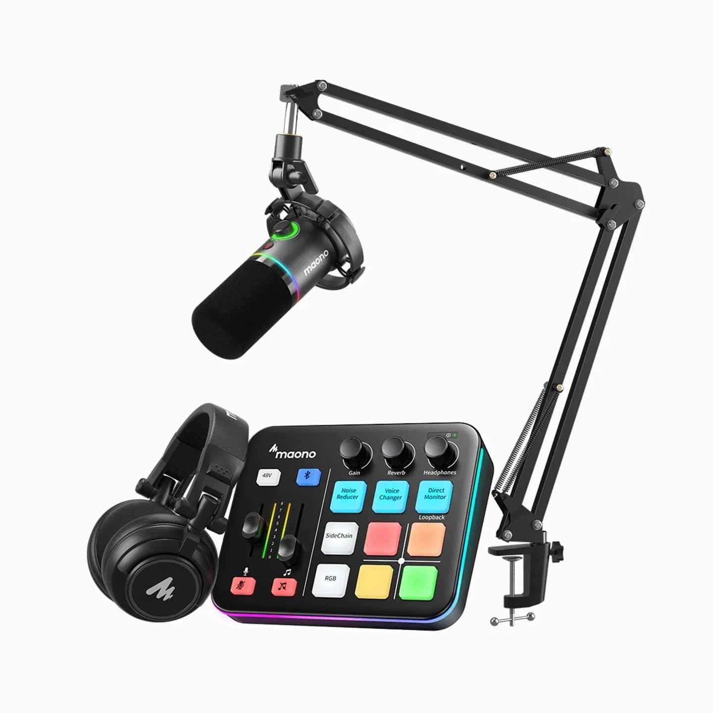 MAONO Gaming Streaming Equipment Bundle: Audio Interface Mixer XLR Dynamic Mic Studio Headphone RGB Noise Reduction Live Streami