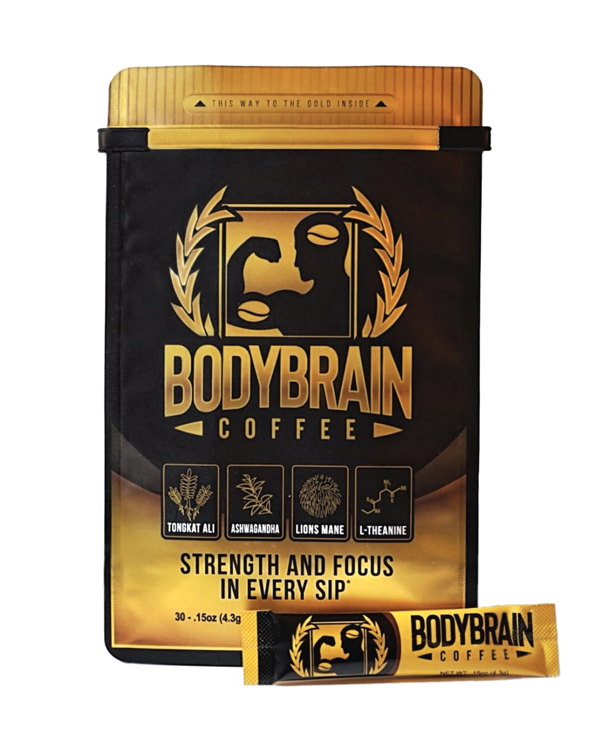 BodyBrain Coffee - Boosting Mushroom Coffee with Tongkat Ali Ashwagandha Lions Mane & L-Theanine | Freeze Dried Instant Colombian Nootropic Coffee for Energy Focus & Vitality | 30 Sachets