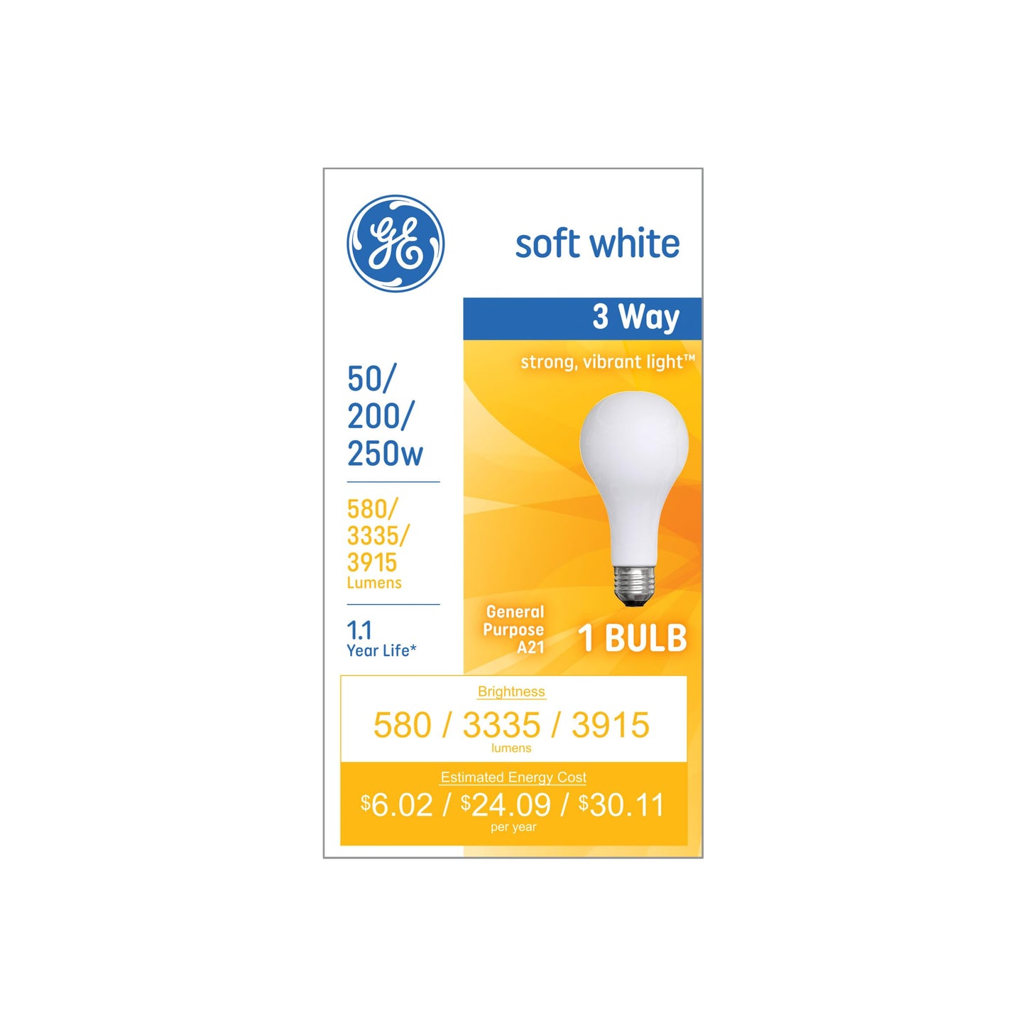 GE Incandescent 250 Watt Soft White A21 3-Way Bulb 1 Pack