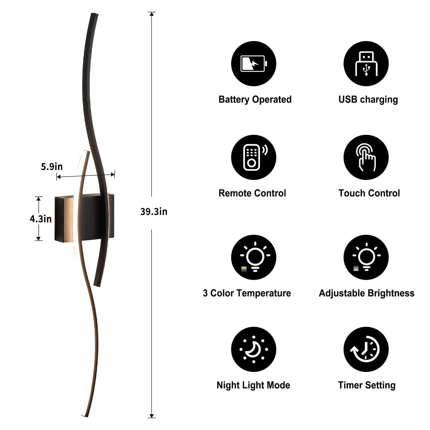 KARTOOSH Battery Operated Wall Sconce, Dimmable LED, Remote Control, 39.3 Inch, Black, Model ZM324BBL100-1A