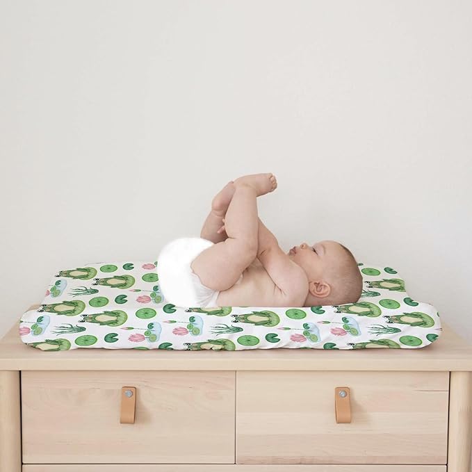 Cartoon Frogs Flower Leaves Pond Changing Pad Covers Water Lilies Lake Diaper Change Table Pad Sheets for Baby Girl Boy Animal Soft Breathable Stretch Baby Changing Table Pad Mats Covers 32''x16''