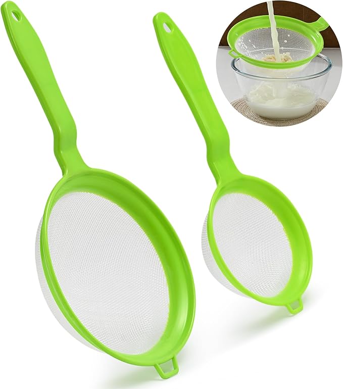 Kefir Strainer Set, 2-Size Plastic Non-Metal Sieve with Fine Mesh for Kefir Grains, Milk Kefir, Water Kefir & Kombucha - Durable, Food Grade & Easy Clean, Green