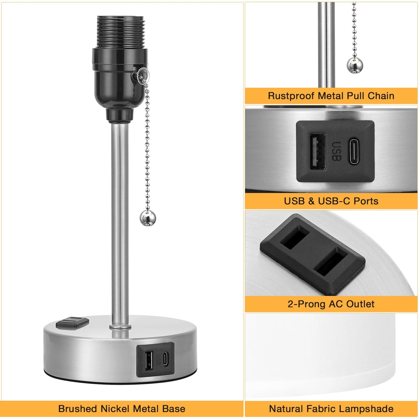 Dicoool Bedside Lamp - 3 Color Temperatures, USB C & A Ports, Silver Metal Base, 14.6in, White-Silver, Model 15-12