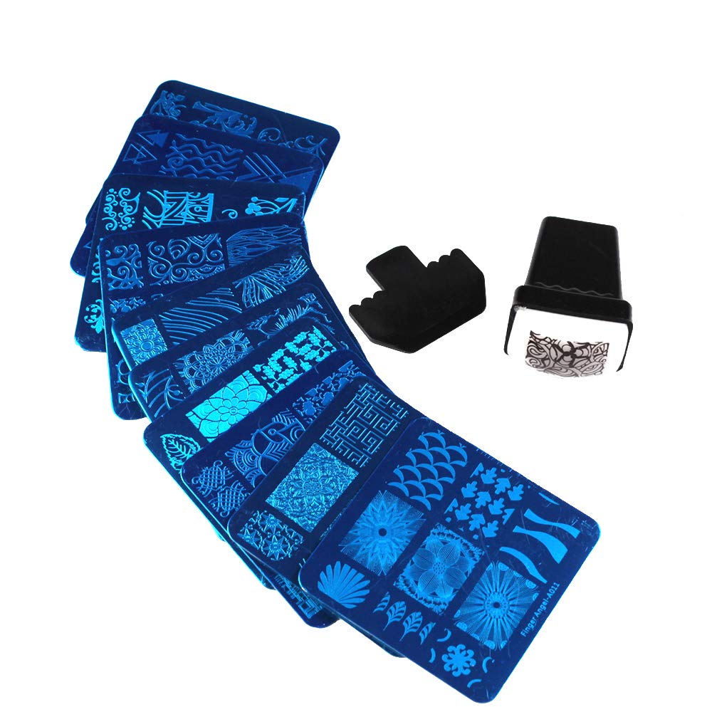 Finger Angel 10Pcs Nail Art Stamping Templates Manicure Tool Kit 10pcs Nail Stamping Plates+1Pcs Nail Stamper