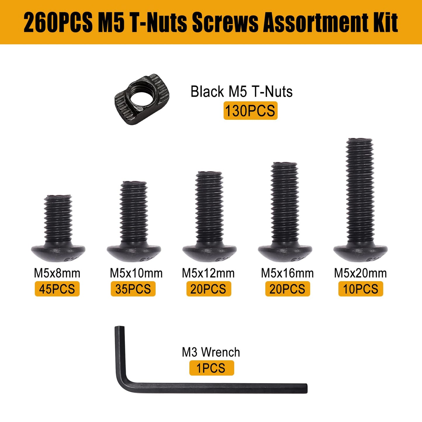weideer 260PCS M5 T-Nuts Screws Assortment Kit,Compatible with Rail Mount,Replacement for M-Lok Nut Screw,M5 Nut and Bolt Assortment Sets for 2020 Series Standard Aluminum Profile