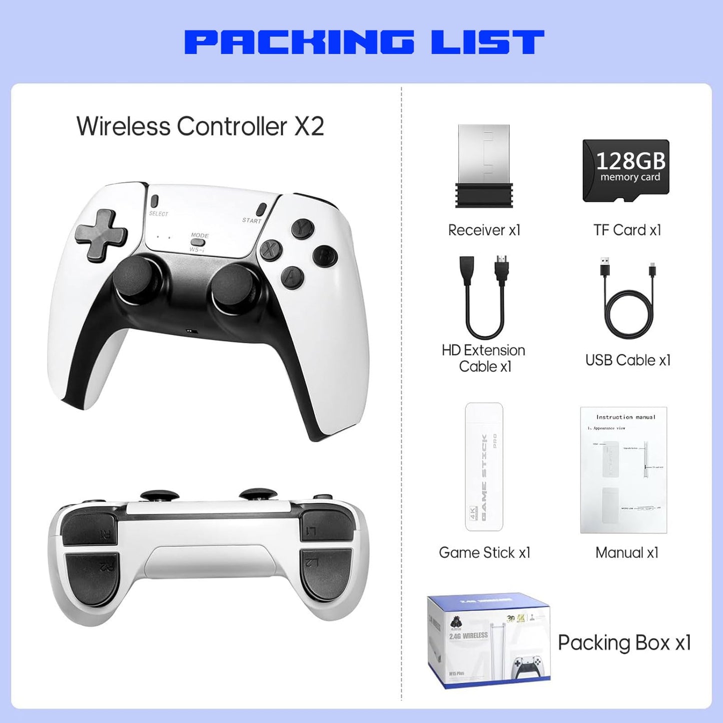 Retro Game Console Stick Pro, Built-in 23 Emulators 40000+ Classic Video Games with 4K HDMI and Dual 2.4G Wireless Controllers (128GB) Plug Preloaded Electronic Game (128G)