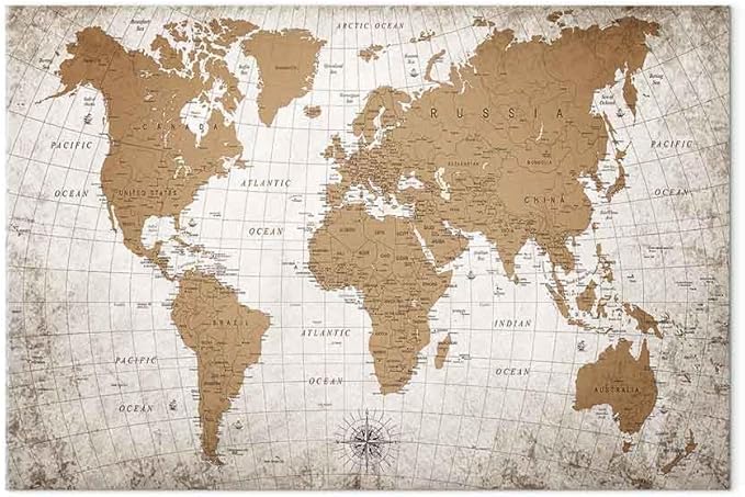 artgeist Canvas Wall Art Print World Map 35x24 in - 1pcs Home Decor Framed Stretched Picture Photo Painting Artwork Image Abstract World Map Vintage Continents k-C-10001-b-a