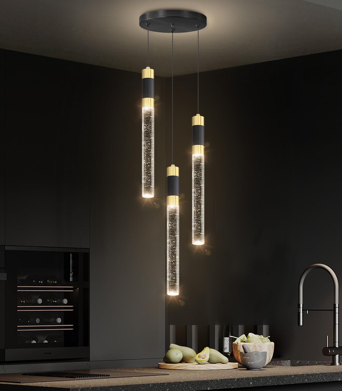 Cenozo Modern Pendant Light - 3-Lights LED Dimmable, Remote Control, 3000K-6000K, Black - Model RS8002-3tou-yuanpan-R