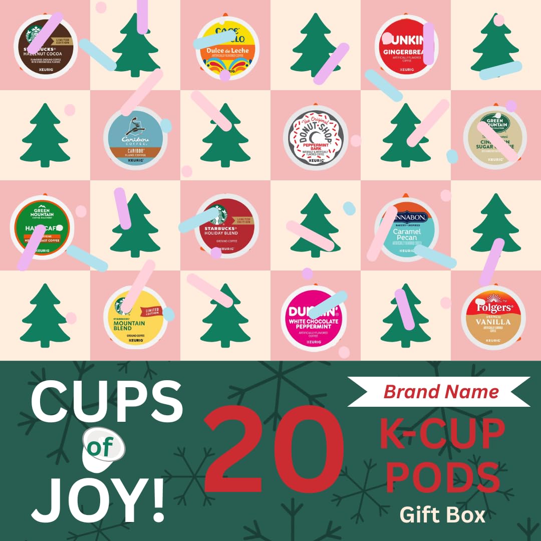 Holiday Favorites Blend K-cups Coffee Pods Variety Sampler Christmas Gift Box Includes Cafe Bustelo Dunkin Green Mountain Cinnabon & Caribou for Keurig malt-inspired -20 Count