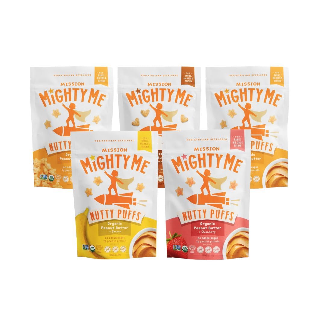 Mission Mighty Me Nutty Puffs All-Flavor Variety Pack - Organic Peanut Butter and Mixed Nut Butter Puffs for Babies + Kids - Ped