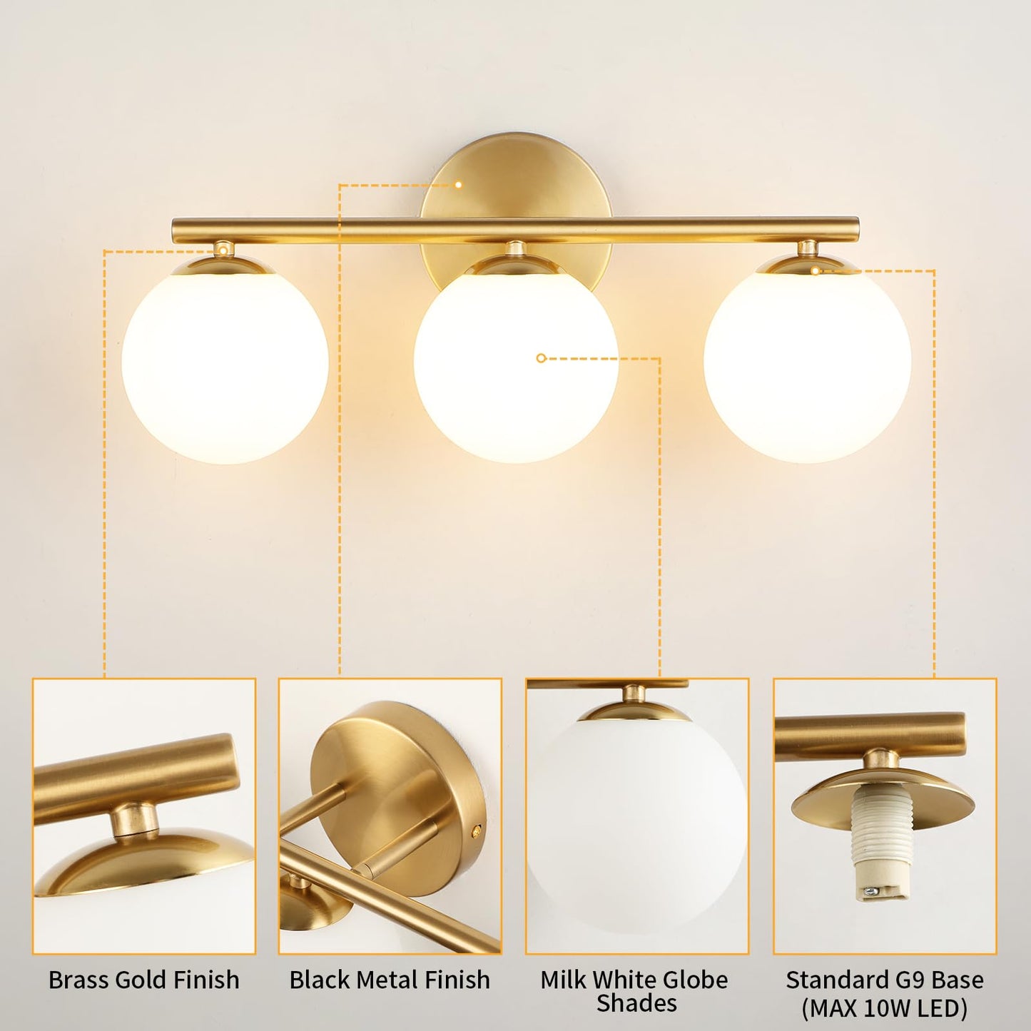 Foucasal Globe Bathroom Light Fixtures 3-Light Brass Gold Vanity Light With Plastic Milk White Globe Shades 11.81 Inch Wall Sconce Lighting Over Mirror Vanity Lights For Bathroom Bedroom Hallway