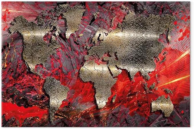 artgeist Canvas Wall Art World Map 24x16 in - 1pcs Home Decor Framed Stretched Picture Photo Painting Artwork Modern Art Image - Abstract Continents Map World Map Red k-A-0505-b-d