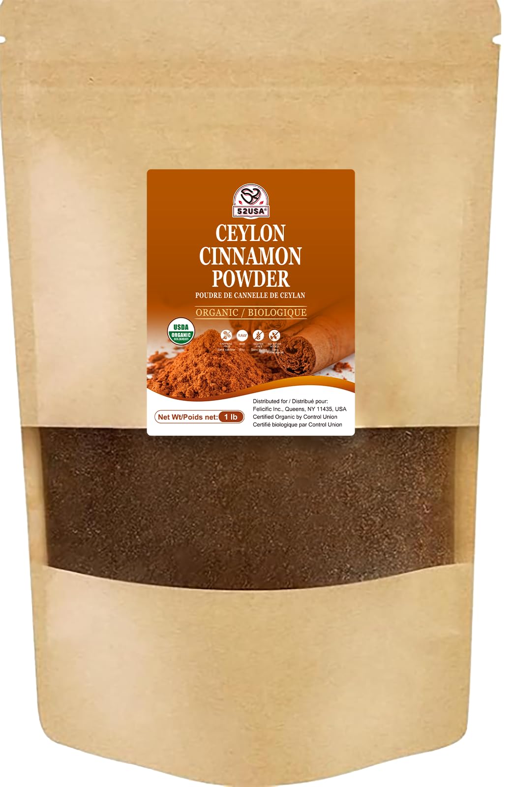 52USA Organic Ceylon Cinnamon Powder 1lb Resealable Bag | True Cinnamon from Sri Lanka Non-GMO Gluten-Free Freshly Ground for Baking Cooking & Beverages