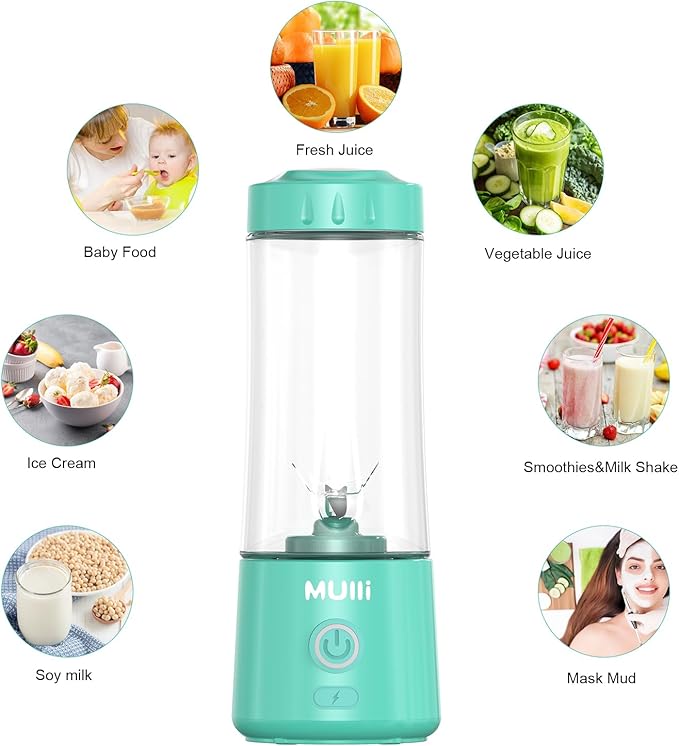 Mulli Portable Blender,USB Rechargeable Personal Mixer for Smoothie and Shakes, Mini Blender with Six Blades for Baby Food,Travel,Gym(Update)