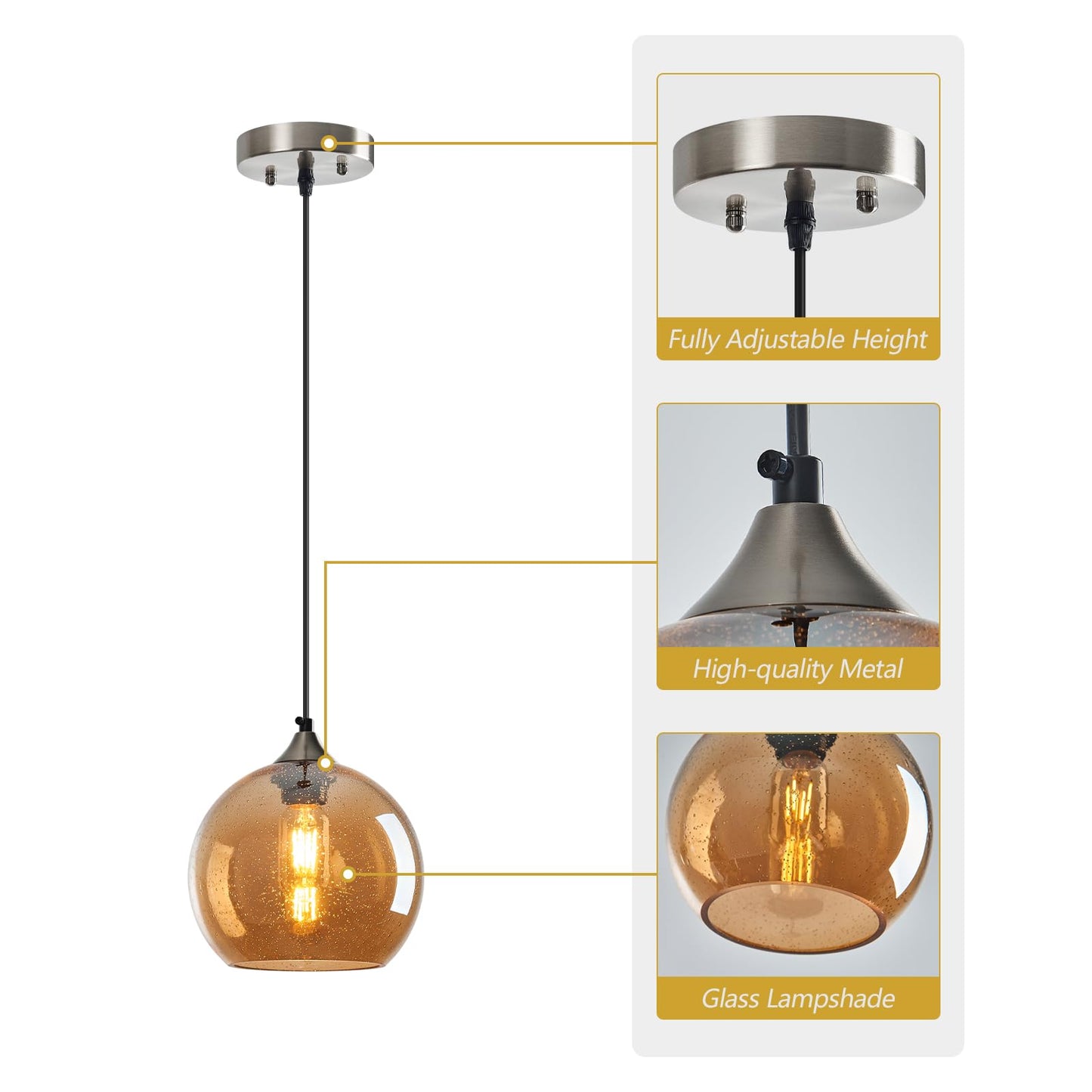 Lbsqj Amber Glass Pendant Lights Kitchen Island Lighting Globe Pendant Light Fixtures Modern Pendant Lighting For Bedroom Living Dining Room Light Fixture (7.87 In 1 Pack)