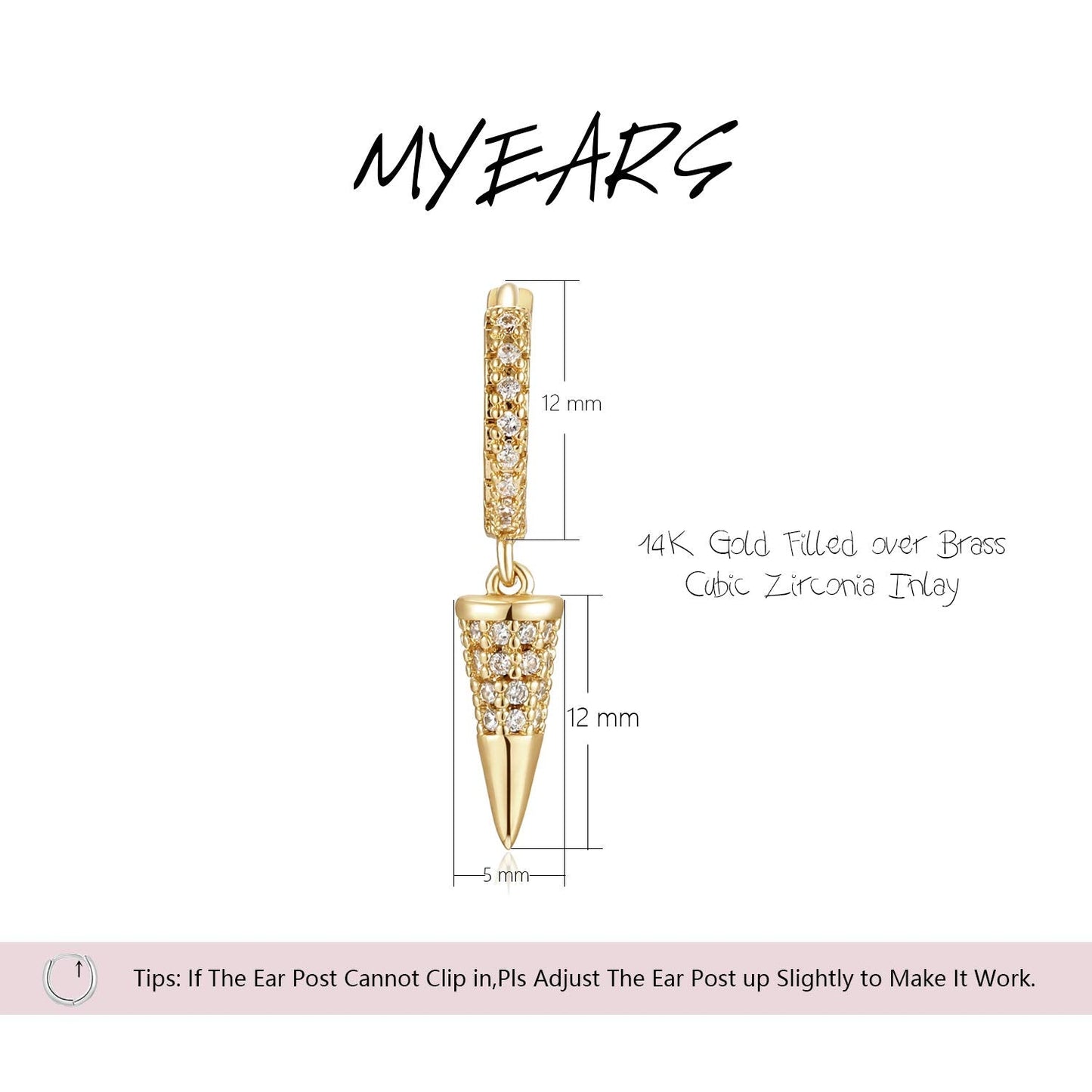 MYEARS Women Spike Earrings Gold Huggie Hoop Cone Dangle Drop Cubic Zirconia 14K Gold Plated Small Simple Hypoallergenic Everyda