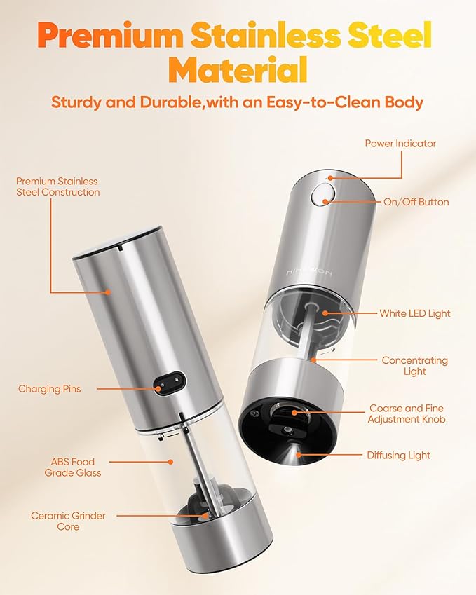 Electric Salt and Pepper Grinder Set with LED Light, Rechargeable Salt and Pepper Shakers with 5 Adjustable Coarseness, Upgraded Large Capacity, Stainless Steel, Storage & Charging Base