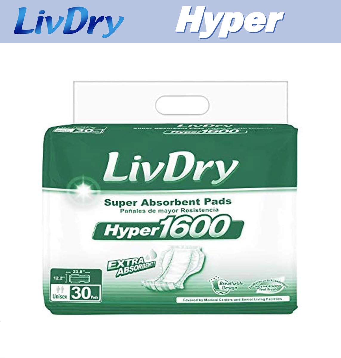 LivDry High Absorbency Pad Insert for Incontinence Briefs and Adult Diapers, Women and Men, Hyper 1600 (120 Count)