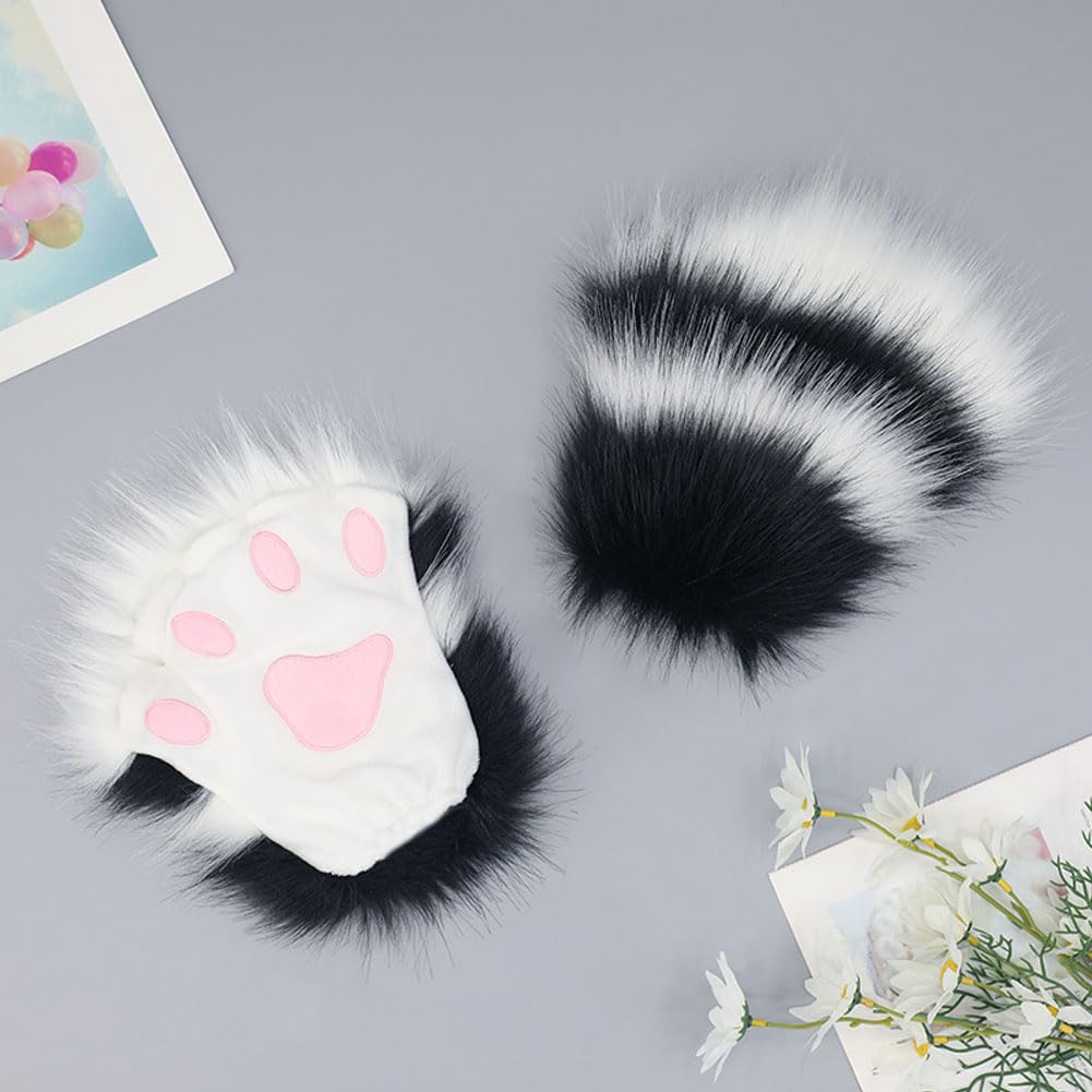 ILUFAM Faux Fur Wolf Cat Paw Gloves Furry Cosplay Bear Paw Gloves Halloween Fancy Party Costume Accessories (Black)