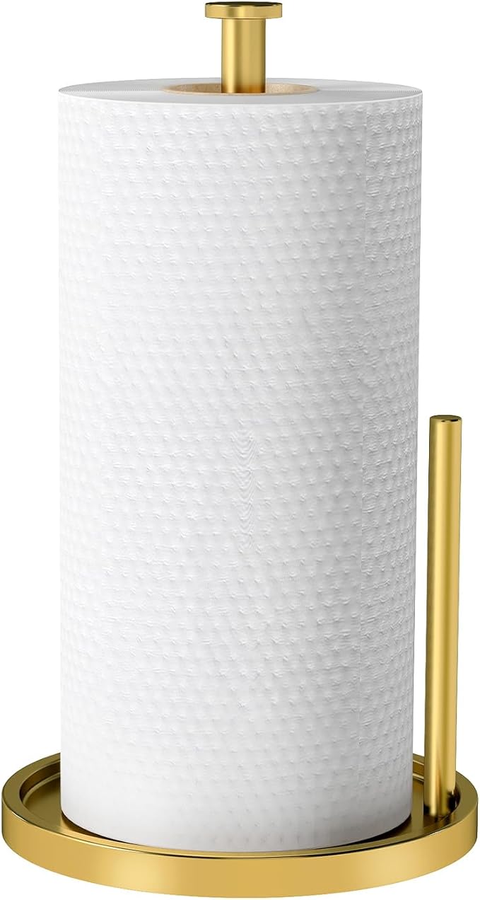 Paper Towel Holder Countertop, Standing Paper Roll Holder with Anti Slip Weighted Base, Stainless Steel Freestanding Paper Towel Holder for Kitchen, Gold