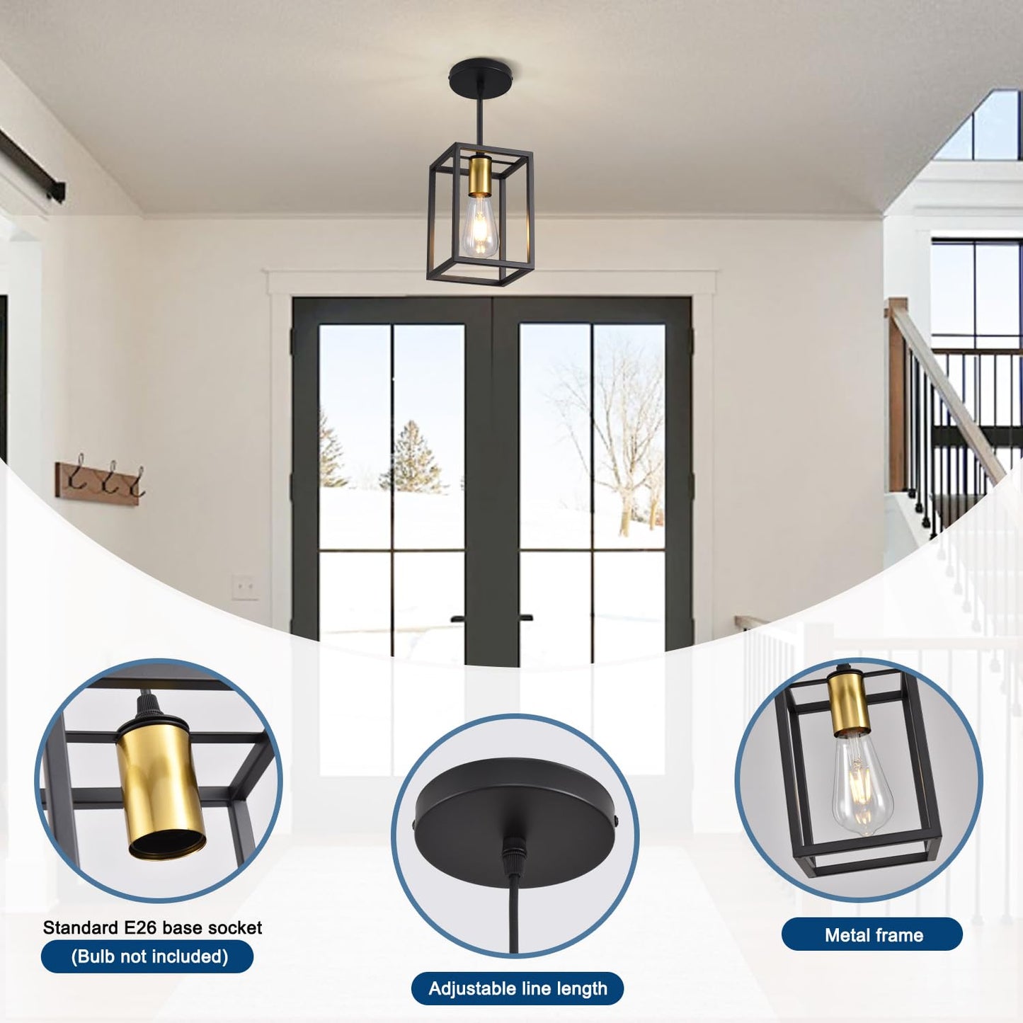 Aojunsansan Black Pendant Lights For Kitchen Island Industrial Lantern Pendant Light Fixtures With Golden Lamp Cup Farmhouse Adjustable Height Hanging Pendant Lighting