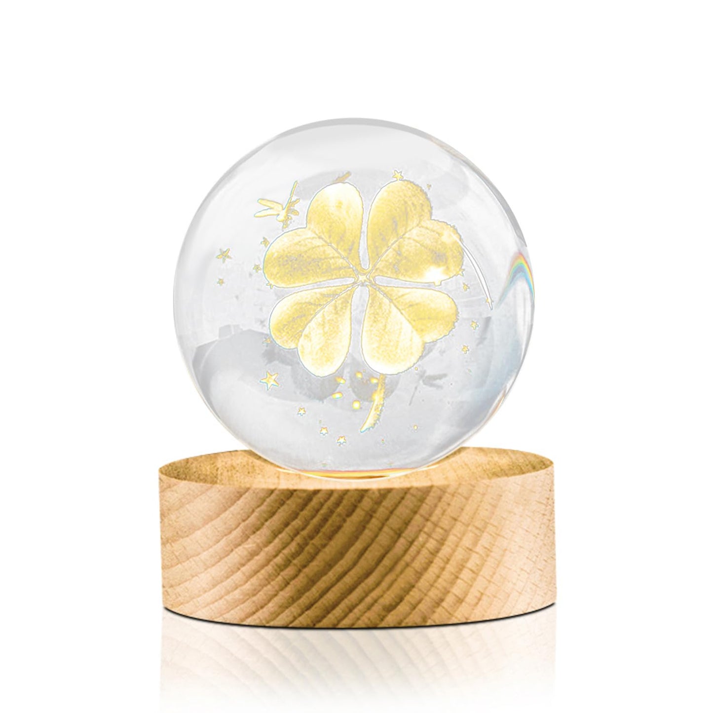 Flexzion 3D Clover Crystal Ball Night Light - Led Light Hologram Glass Lamp With Solid Wood Base Usb Powered Crystal Ball Lamp With Adjustable Brightness For Home Decor Display Gift 2.4Inch(60Mm)