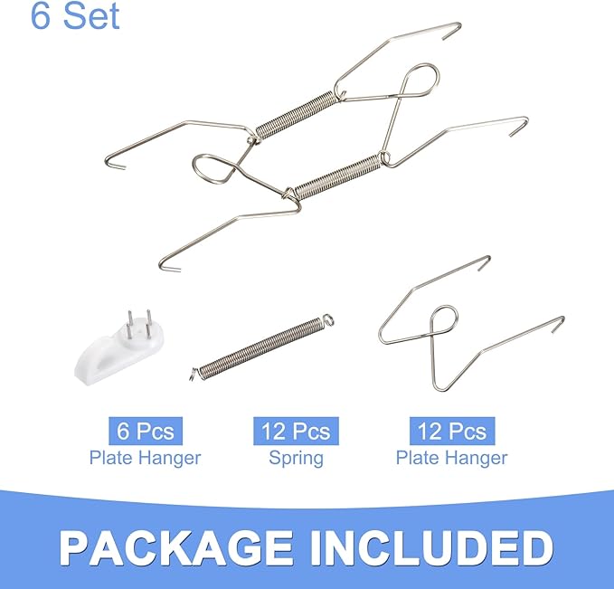 Plate Hanger - 6 Pack Invisible W Type Wall Plate Hangers with 6 Pack Hook Fits for Decorative Plates and Arts - Stainless Steel Vertical Plate Holders - (8-inch, Silver Tone)