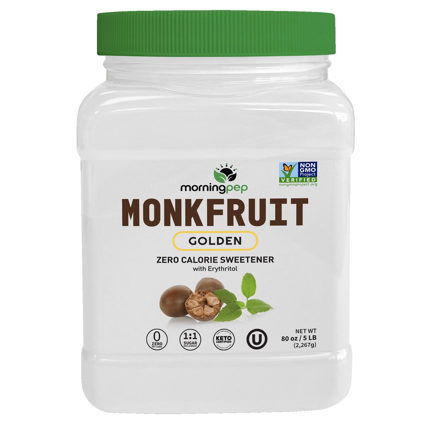 Morning Pep Monk Fruit Sweetener golden Sugar Substitute 5 lb Keto Friendly 1:1 Sugar Replacement Zero Calorie Non-GMO Kosher Golden - 5 lb