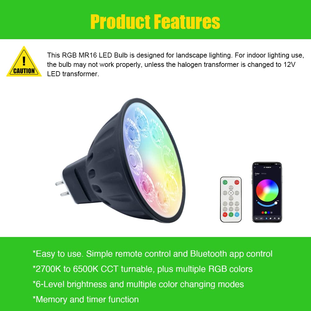 Makergroup MR16 RGBW LED Bulbs, CCT Tunable 2700K-6500K, Remote & Bluetooth Control, 5W 2-Pack, Aluminum