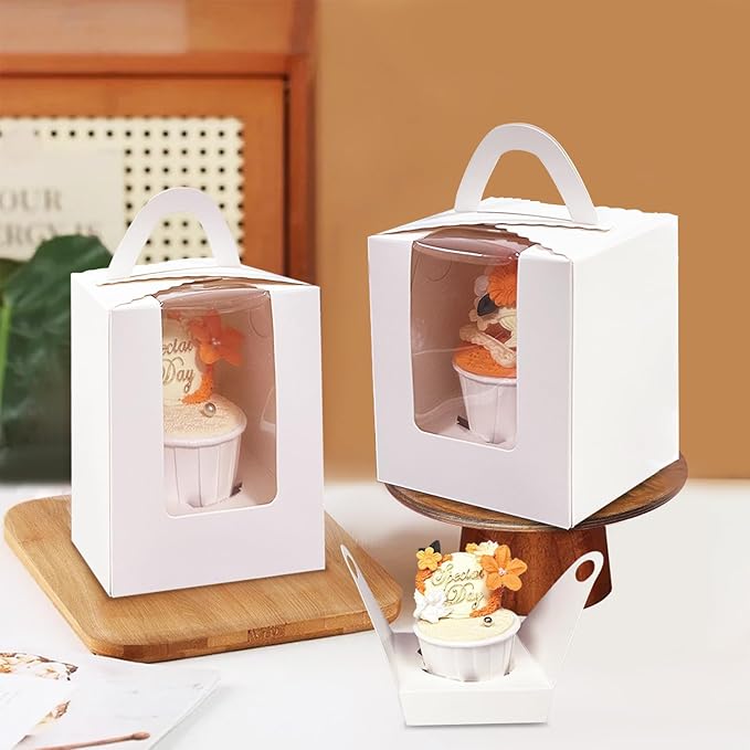 Bakepacker Auto-pop up Individual Cupcake Boxes with Window 25 Count White Single Cupcakes Box 3.7 x 3.7 x 4.3inch Cupcake Carrier