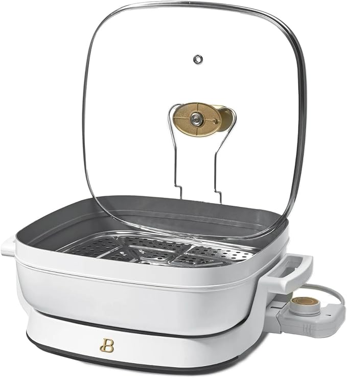 Beautiful 5-in-1 Electric Skillet 7QT, Cast Aluminum Extender, Nonstick, 1500W, Dishwasher-Safe Lid, Slow Cook, Steam (White Icing)