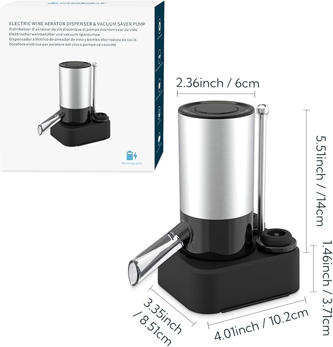 KITCHENDAO Rechargeable Electric Wine Aerator Dispenser and Wine Saver Pump, Automatic Wine Pourer with USB-C Cable, Storage Base and 2 Stoppers, Built-in Sound Indicator