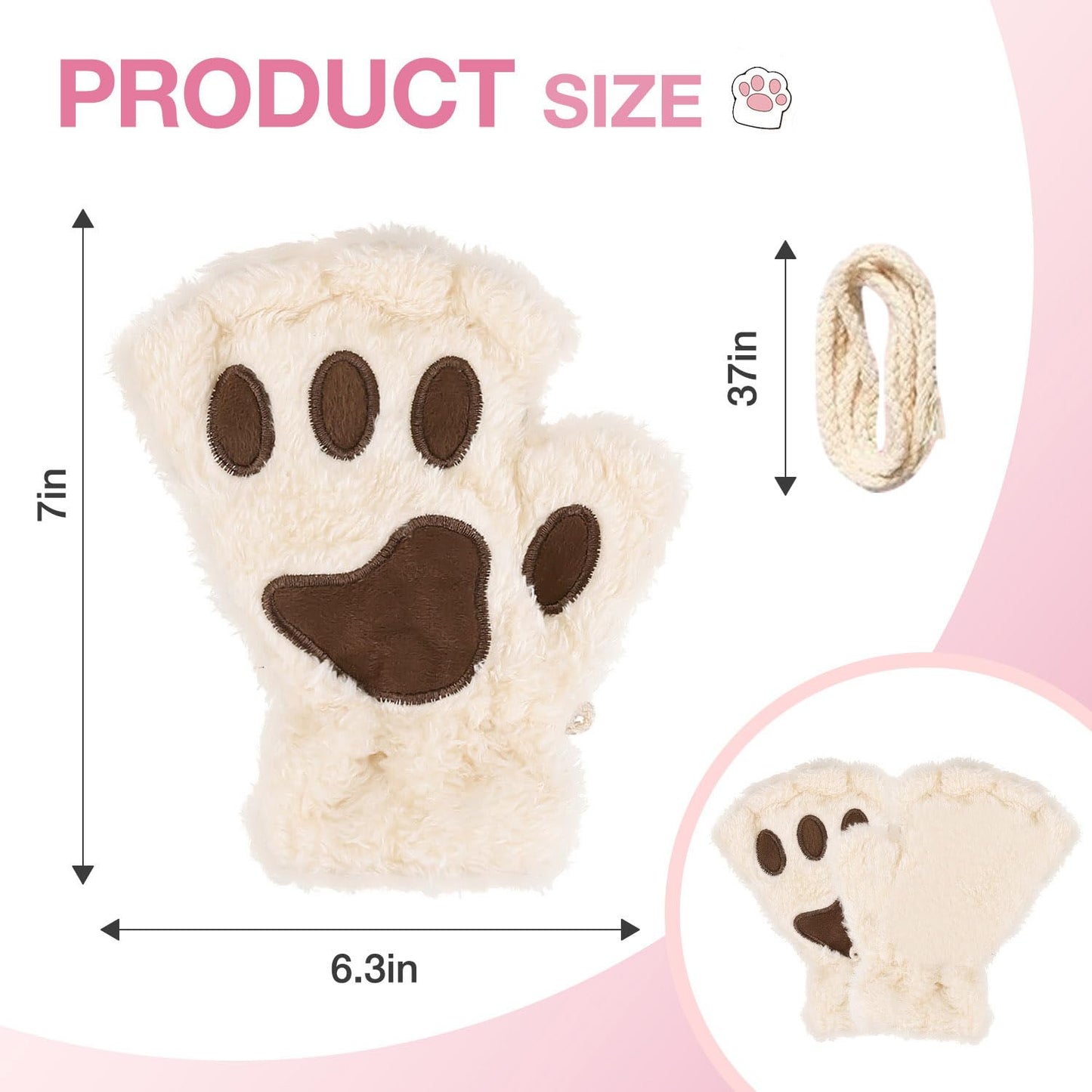 Tiny Chou Cat Paw Gloves for Cosplay Fancy Party Halloween Costume Accessories, Winter Soft Fingerless Warm Gloves for Women Girls, Beige