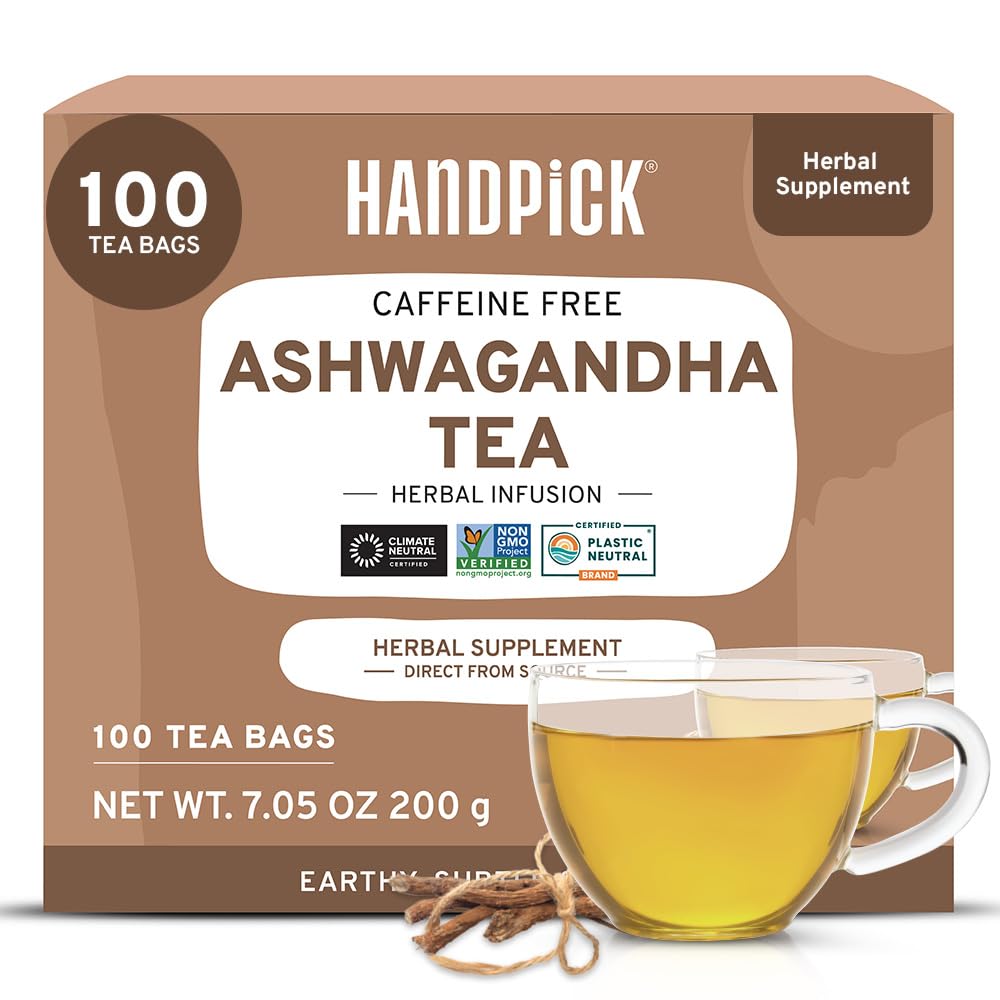 HANDPICK Ashwagandha Root Tea (100 tea Bags) - Herbal dietary product - For Health & Wellbeing - With Antioxidants & Minerals - Caffeine Free Gluten Free Packed in Ecofriendly Tea Bags