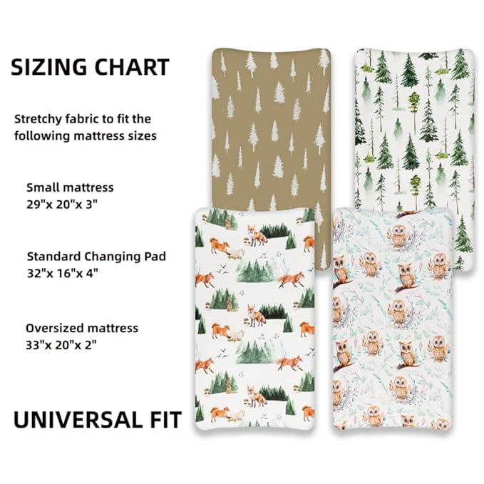 4 Pack Changing Pad Covers Woodland Forest Animals Wood Neutral Unisex Fitted Baby Changing Pad Cover Set for Baby Boys or Girls (Paint Fox)