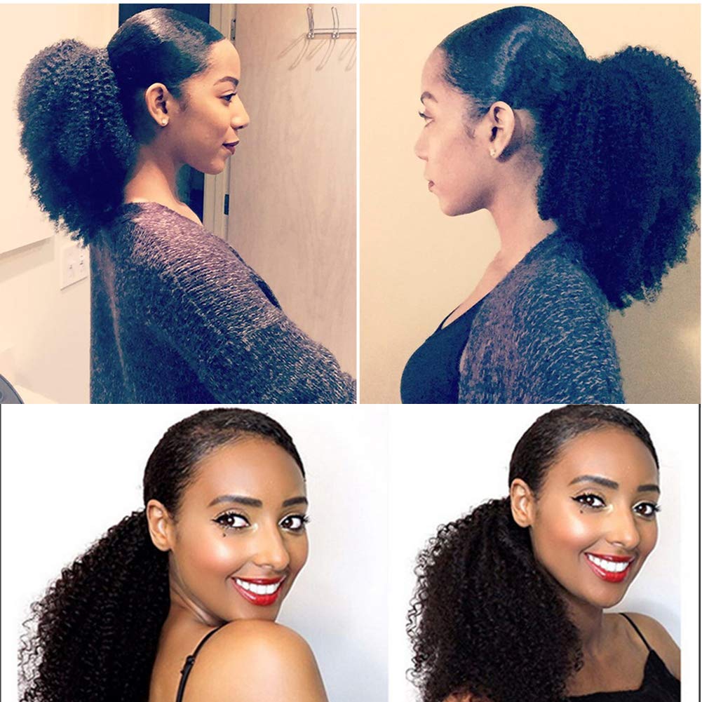 Afro Kinky Curly Ponytail Extension Wrap Around Ponytail Hairpiece for Women Top Closure Clip Ins Human Hair Ponytail Remy Natur