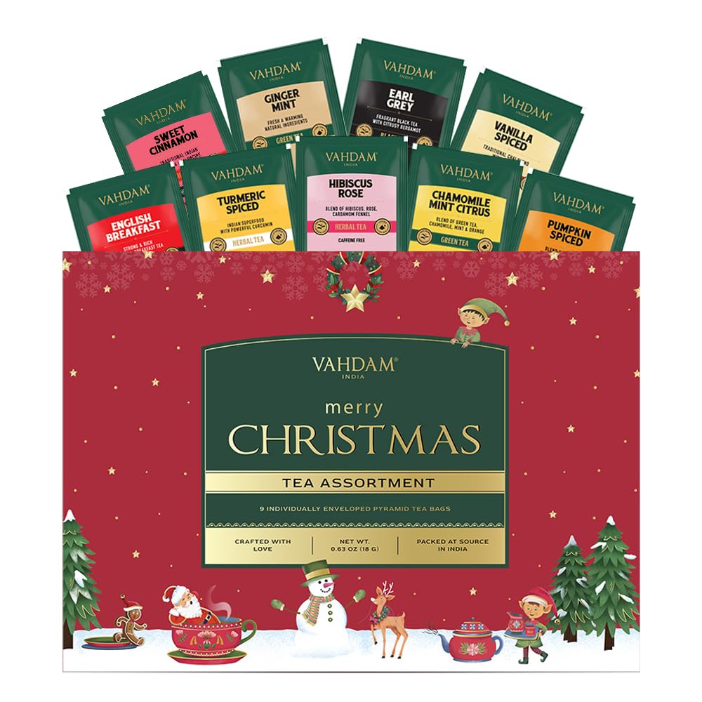 VAHDAM Merry Christmas Tea Gift Set (9 Individually Wrapped Tea Bags) Limited Edition -Gluten Free Non GMO | Christmas 2025 Gift Ideas | Christmas Gifts For Women 2025 & Christmas Gifts For Men 2025