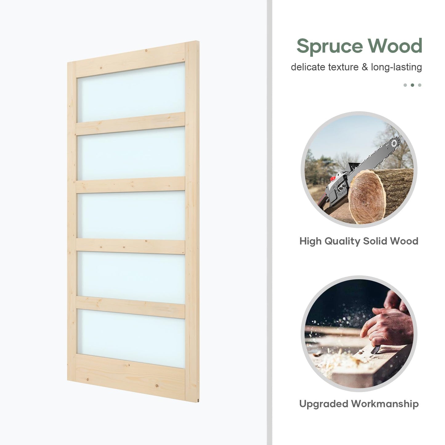 ROYMELO 42x84 inch Glass Sliding Barn Door Slab with 7ft Hardware Kit Included, 5-Panel Frosted Glass, Spruce Wood Support DIY Dyeing, Easy Assembly